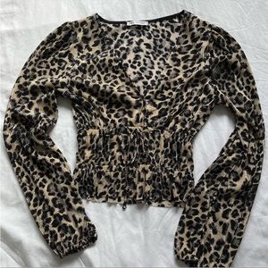 Zara Leopard Print Long Sleeve V-neck Blouse with Tie